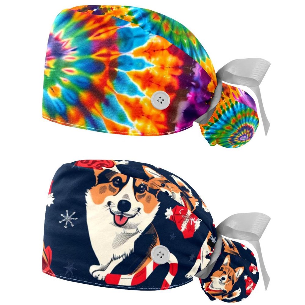 2-Pc,Gourd-Shaped Working Cap,Fisherman Hat with Buttons and Cotton Sweatband,Colorful Tie Dye Rainbow