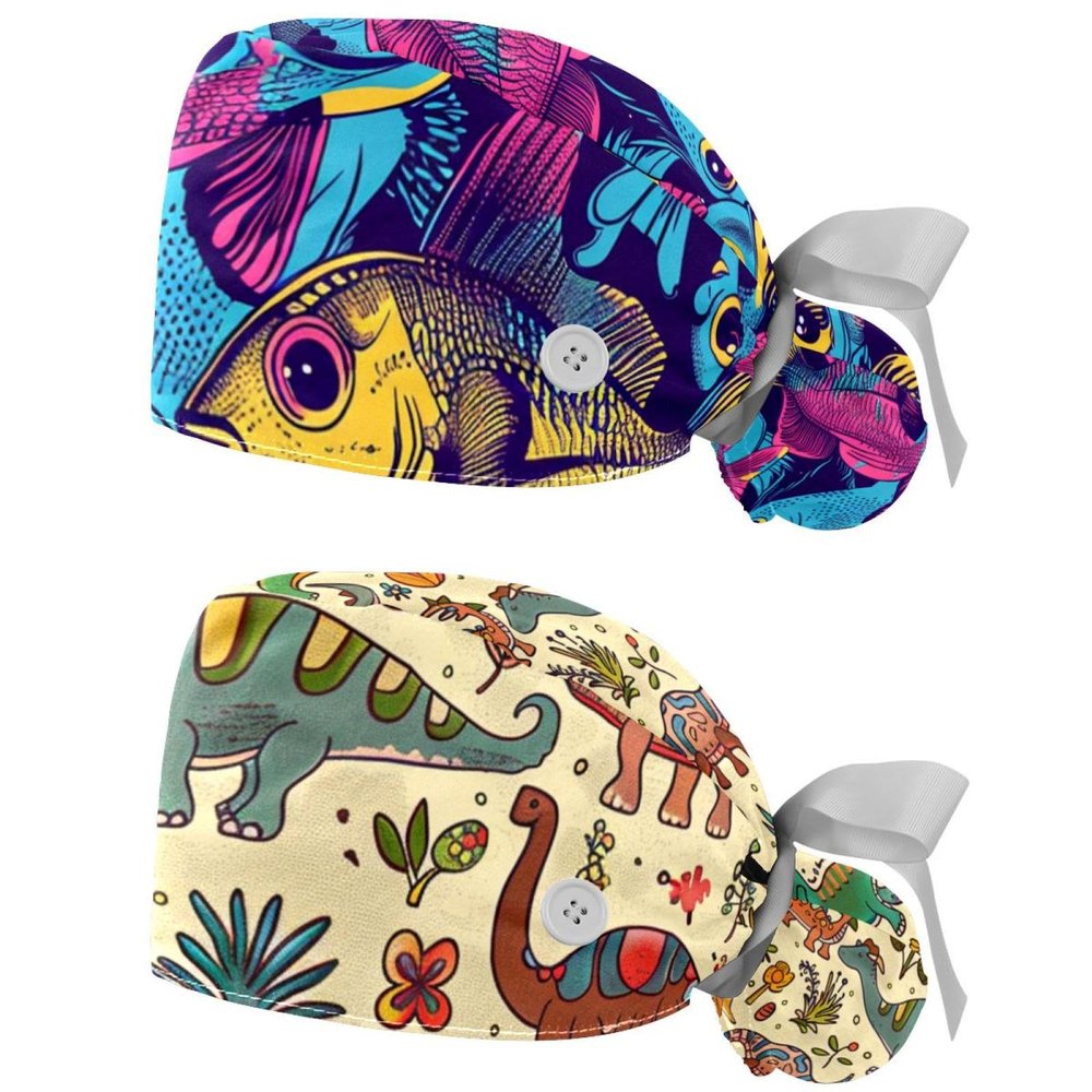 2-Pc,Nurse Scrub Caps,Scrub Hats with Buttons and Cotton Sweatband,Colored Abstract Fishes