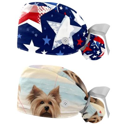 2-Pc,Gourd-Shaped Working Cap,Fisherman Hat with Buttons and Cotton Sweatband,America Flag Red Stars Colorful