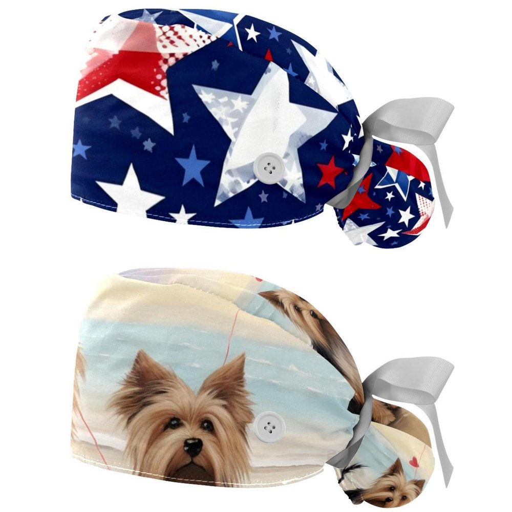 2-Pc,Gourd-Shaped Working Cap,Fisherman Hat with Buttons and Cotton Sweatband,America Flag Red Stars Colorful