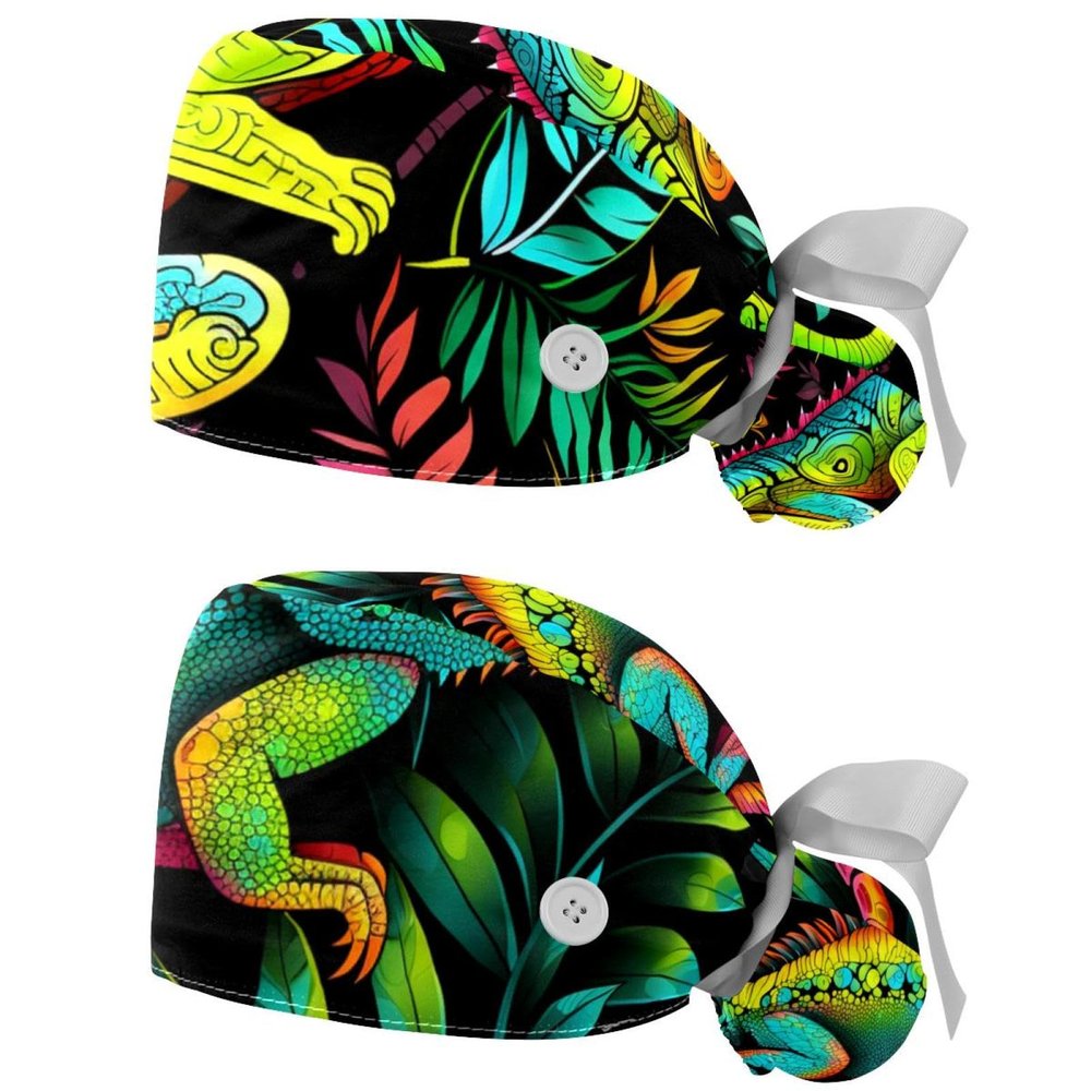 2-Pc,Nurse Scrub Caps,Scrub Hats with Buttons and Cotton Sweatband,Chameleon Tropical Leaves