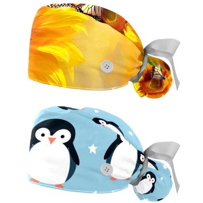 2-Pc,Nurse Scrub Caps,Scrub Hats with Buttons and Cotton Sweatband,Butterflies Sunflower