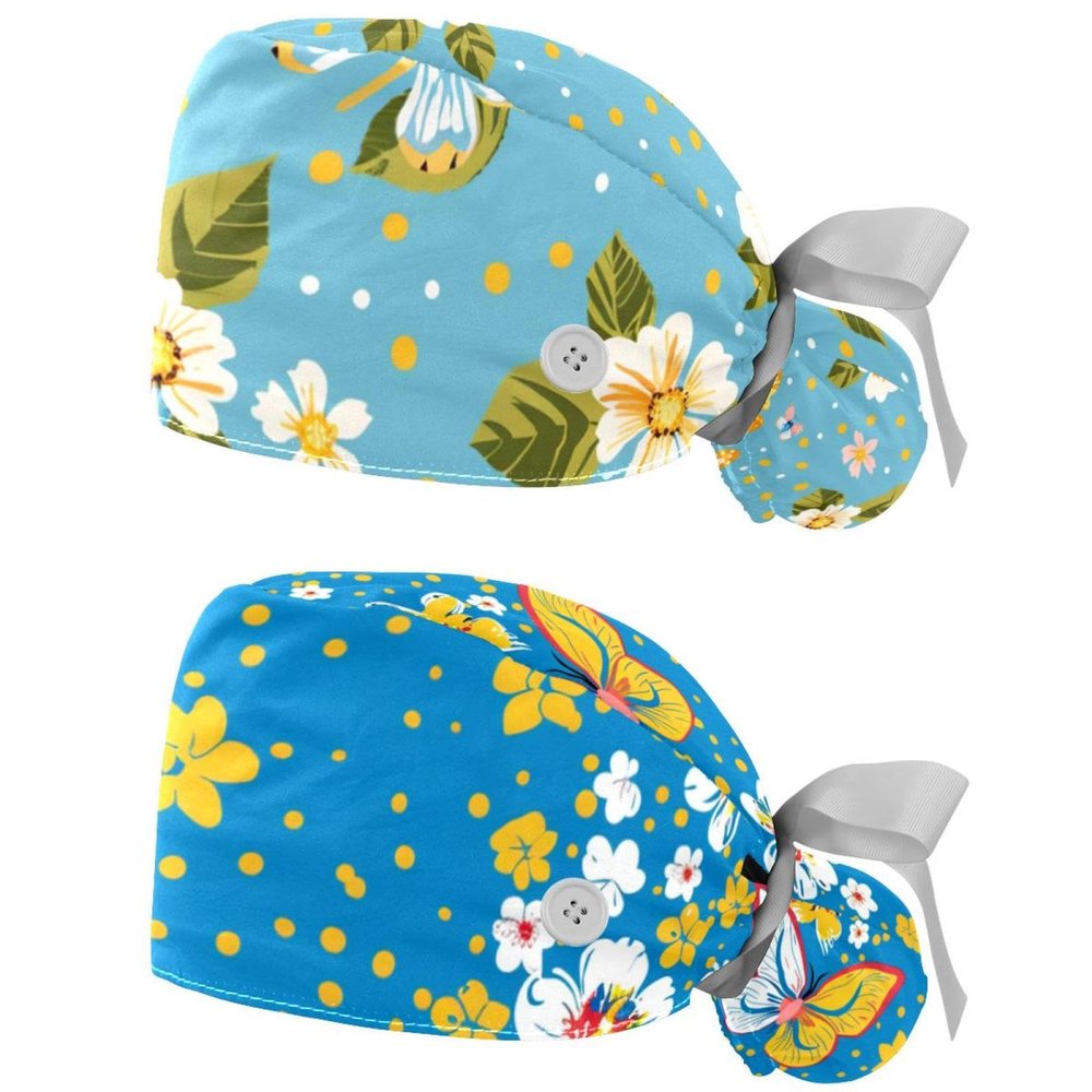 2-Pc,Nurse Scrub Caps,Scrub Hats with Buttons and Cotton Sweatband,Butterfly Blue Background Flowers