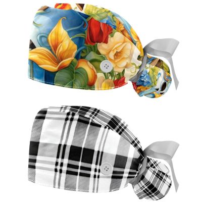 2-Pc,Nurse Scrub Caps,Scrub Hats with Buttons and Cotton Sweatband,Bird Butterfly Strawberry Floral Flowers