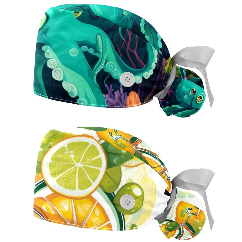 2-Pc,Nurse Scrub Caps,Scrub Hats with Buttons and Cotton Sweatband,Big Devilfish Ocean Octopus