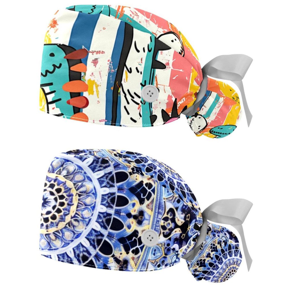 2-Pc,Nurse Scrub Caps,Scrub Hats with Buttons and Cotton Sweatband,Cartoon Dinosaur Rainbow Stripe