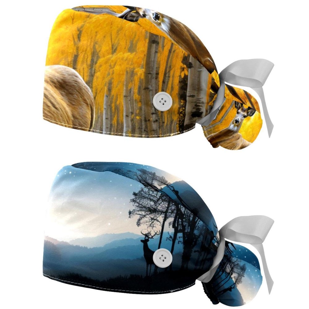 2-Pc,Gourd-Shaped Working Cap,Fisherman Hat with Buttons and Cotton Sweatband,Deer in Autumn Forest
