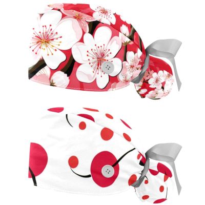 2-Pc,Nurse Scrub Caps,Scrub Hats with Buttons and Cotton Sweatband,Cherry Blossoms