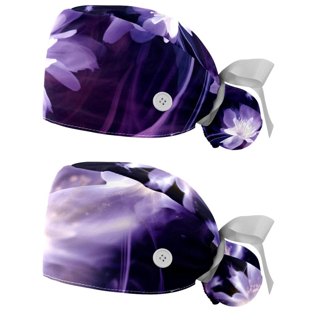 2-Pc,Gourd-Shaped Working Cap,Fisherman Hat with Buttons and Cotton Sweatband,Flowers Abstract Purple Pattern