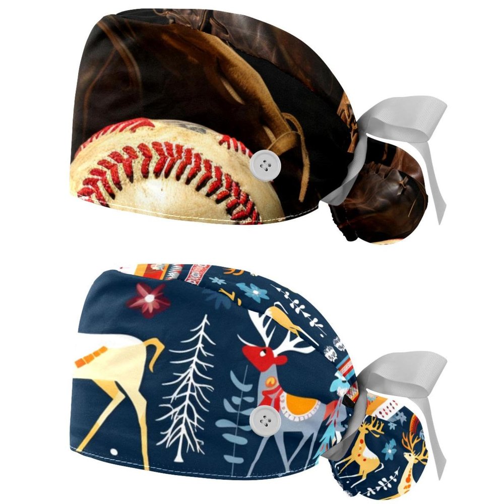 2-Pc,Nurse Scrub Caps,Scrub Hats with Buttons and Cotton Sweatband,Vintage Baseball Gloveball Sport
