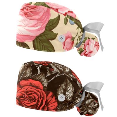 2-Pc,Nurse Scrub Caps,Scrub Hats with Buttons and Cotton Sweatband,Vintage Flowers Leaves Pink Plant