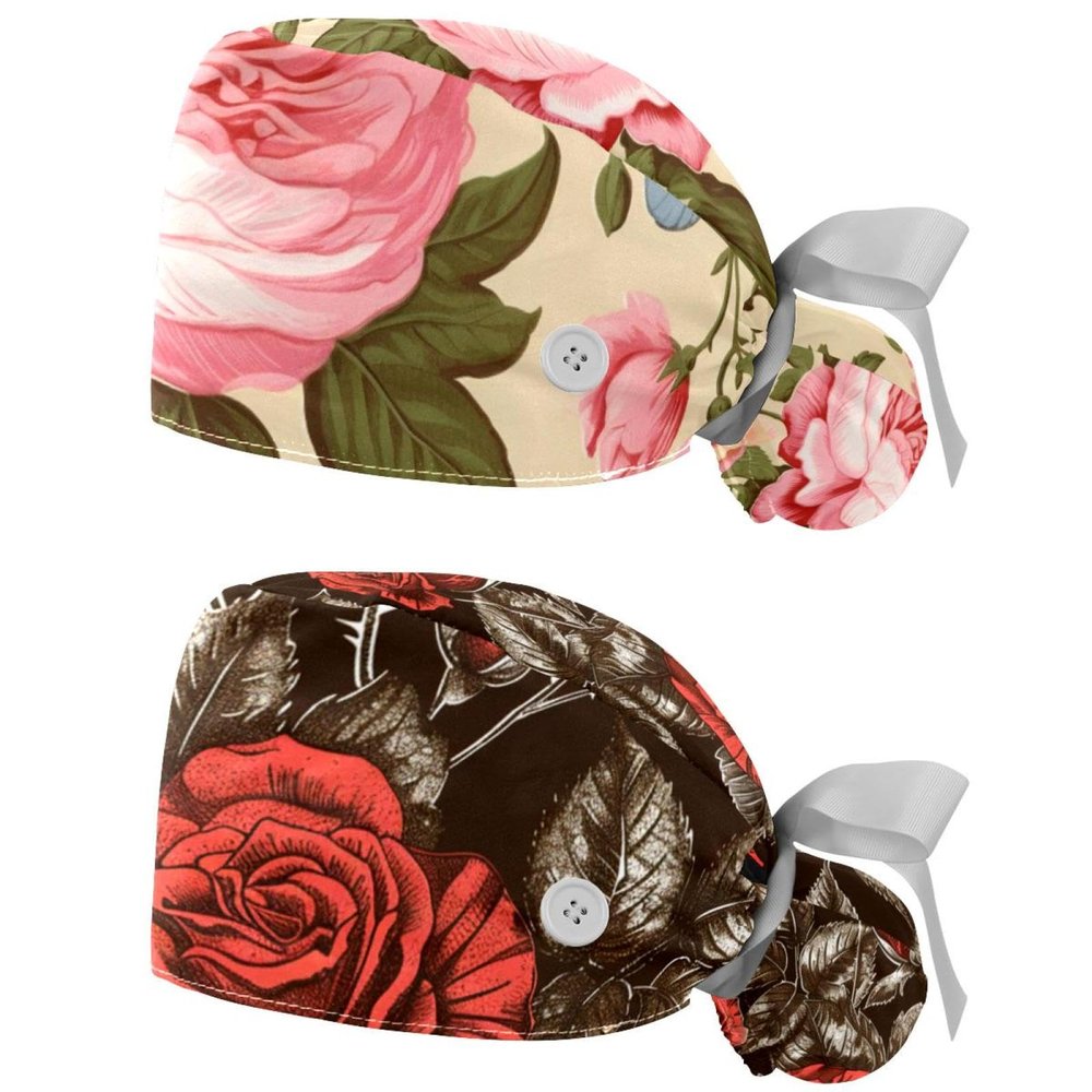 2-Pc,Nurse Scrub Caps,Scrub Hats with Buttons and Cotton Sweatband,Vintage Flowers Leaves Pink Plant