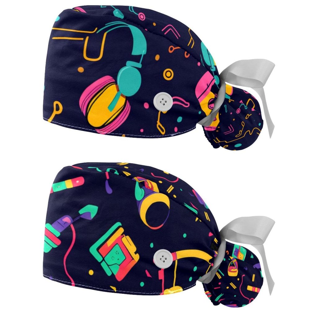 2-Pc,Gourd-Shaped Working Cap,Fisherman Hat with Buttons and Cotton Sweatband,Cartoon Color Music Theme Floral