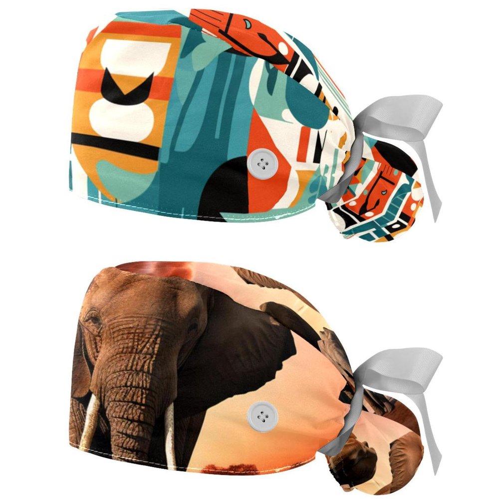 2-Pc,Nurse Scrub Caps,Scrub Hats with Buttons and Cotton Sweatband,Abstract People Face Geometry