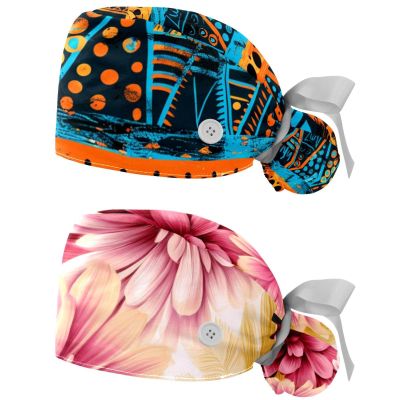 2-Pc,Nurse Scrub Caps,Scrub Hats with Buttons and Cotton Sweatband,Flower Africa Boho