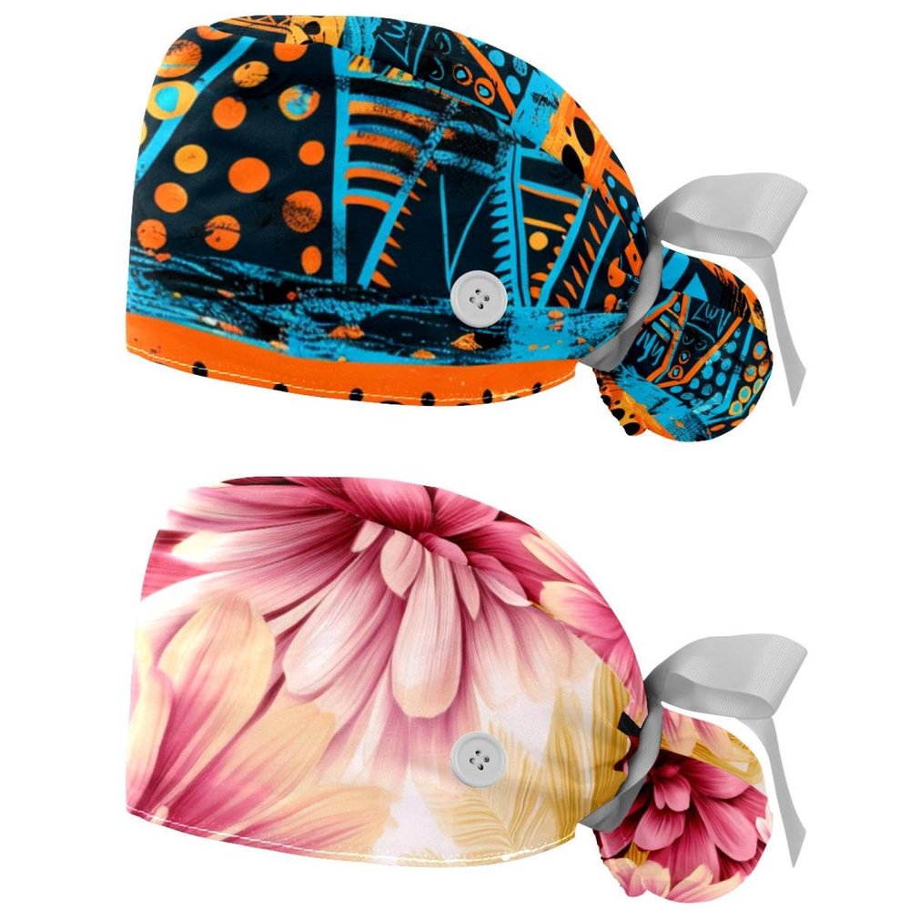 2-Pc,Nurse Scrub Caps,Scrub Hats with Buttons and Cotton Sweatband,Flower Africa Boho