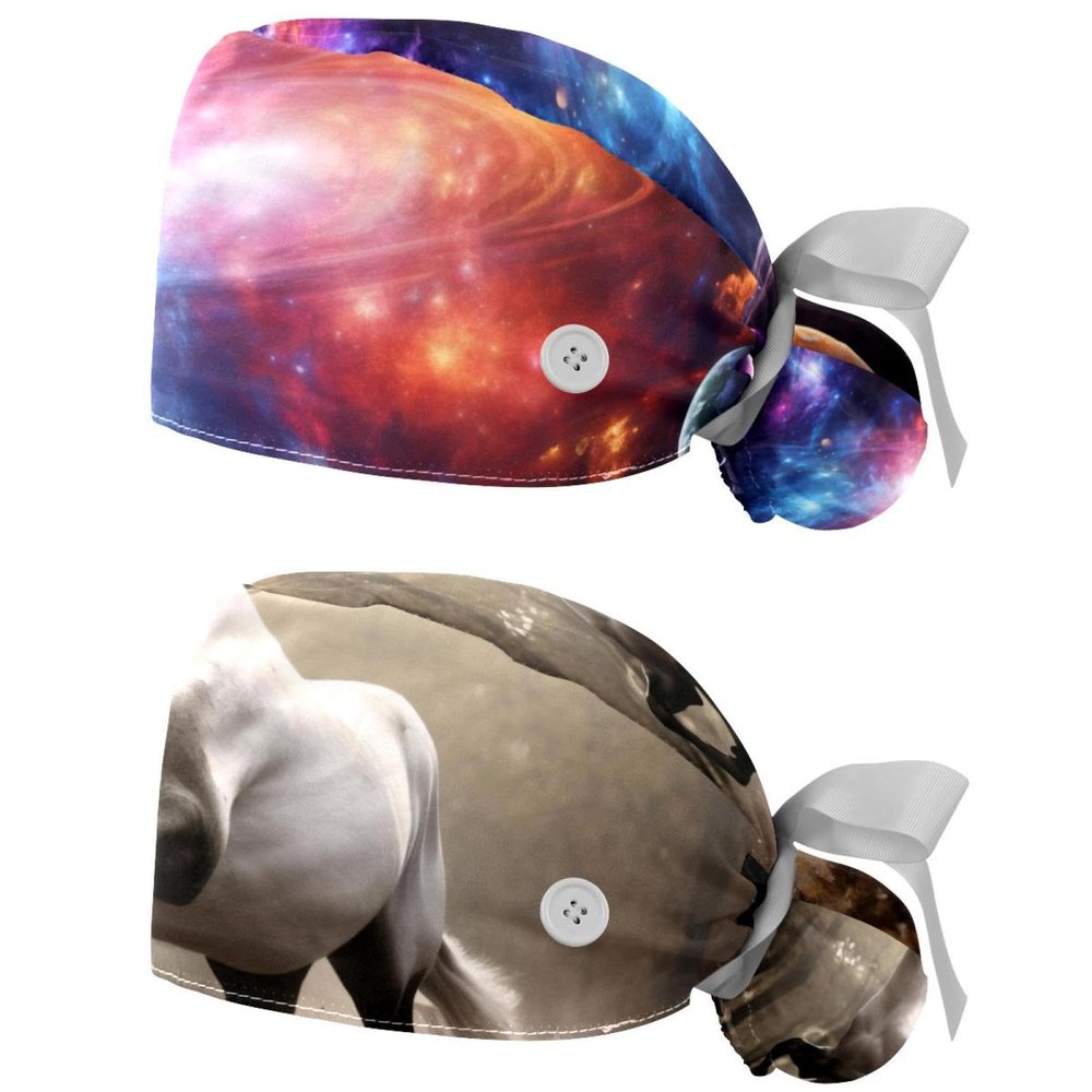 2-Pc,Nurse Scrub Caps,Scrub Hats with Buttons and Cotton Sweatband,Abstract Colorful Galaxy Pattern