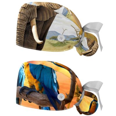 2-Pc,Nurse Scrub Caps,Scrub Hats with Buttons and Cotton Sweatband,African Grassland Elephant Animal
