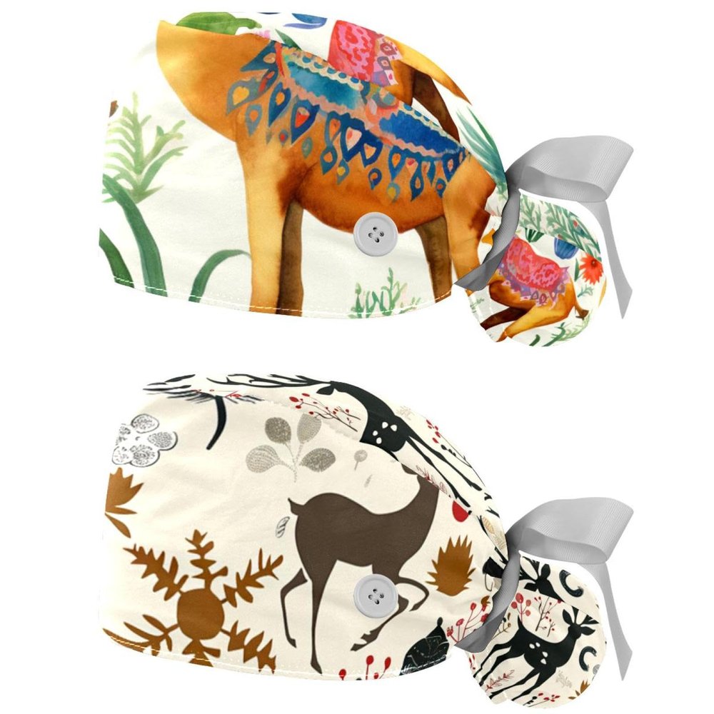 2-Pc,Nurse Scrub Caps,Scrub Hats with Buttons and Cotton Sweatband,Flower Cactus Llama and Camel