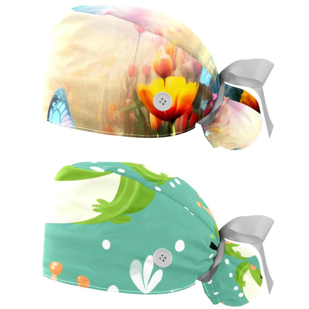 2-Pc,Nurse Scrub Caps,Scrub Hats with Buttons and Cotton Sweatband,Butterflies Flower Garden