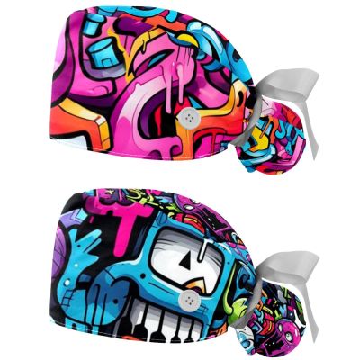 2-Pc,Nurse Scrub Caps,Scrub Hats with Buttons and Cotton Sweatband,Colorful Graffiti Art Monster Illustration