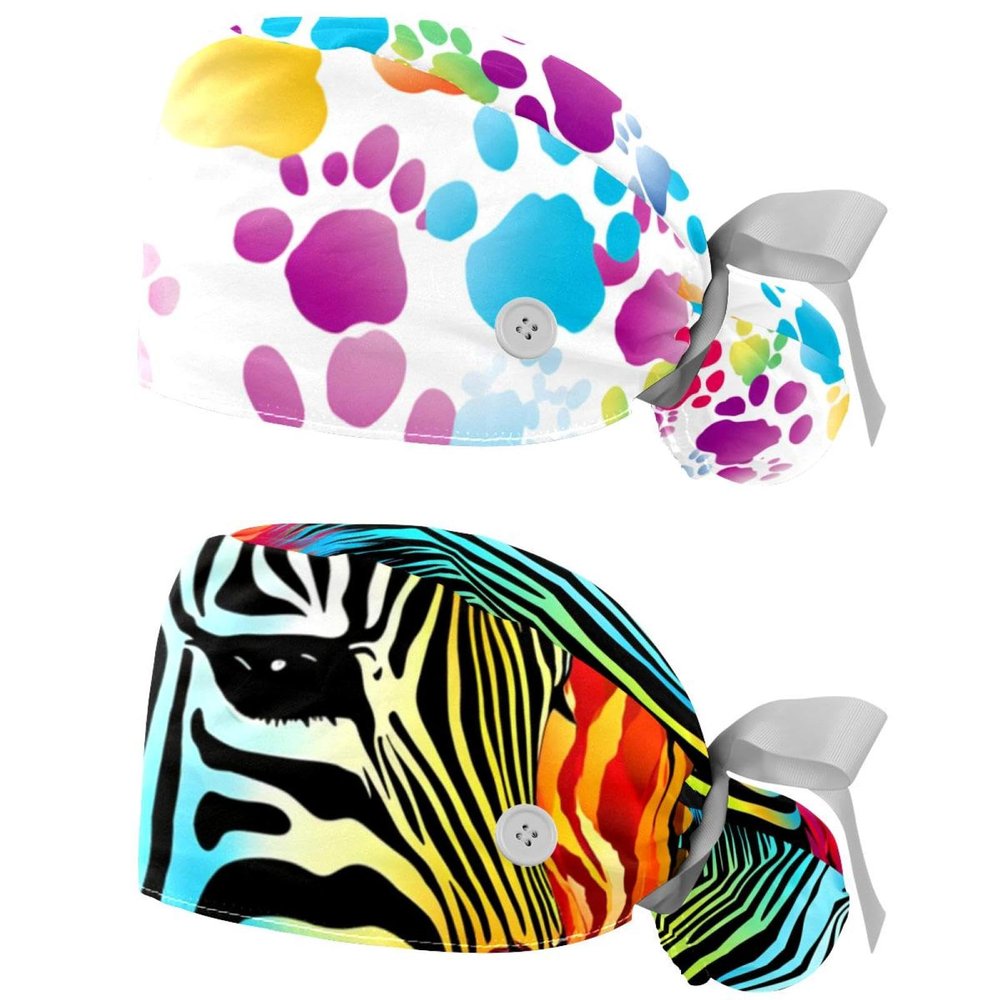 2-Pc,Gourd-Shaped Working Cap,Fisherman Hat with Buttons and Cotton Sweatband,Colorful Cartoon Animal Paw Print