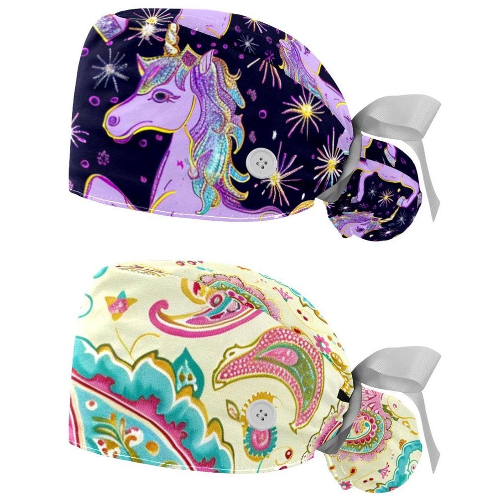 2-Pc,Gourd-Shaped Working Cap,Fisherman Hat with Buttons and Cotton Sweatband,Cartoon Unicorn Running Purple
