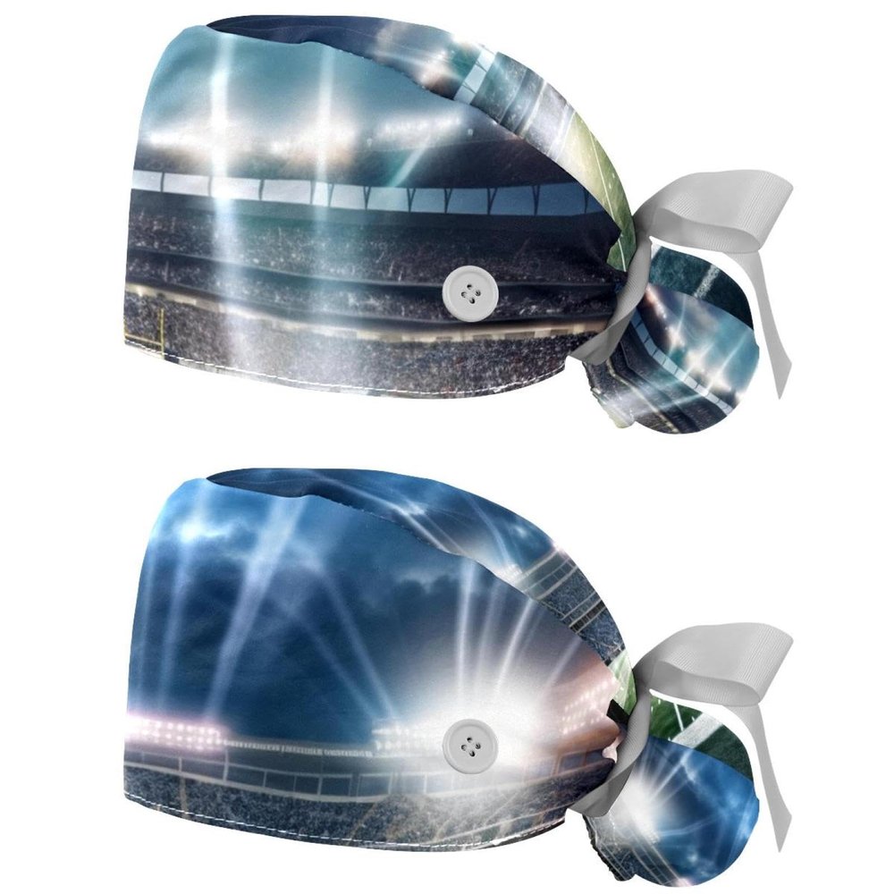 2-Pc,Nurse Scrub Caps,Scrub Hats with Buttons and Cotton Sweatband,American Football Soccer Stadium