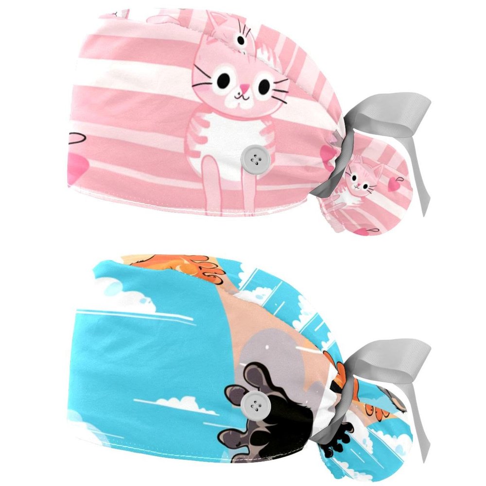 2-Pc,Nurse Scrub Caps,Scrub Hats with Buttons and Cotton Sweatband,Cartoom Cat Pink Lines