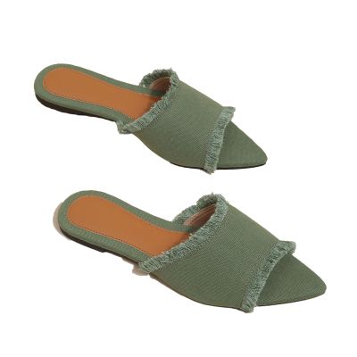 NEUUGO Women's Fashion Denim Cloth Flat Slides Sandals Summer Fish Mouth Open Toe Tassel Comfort Soft Slip On Outdoor Slipper Walking Beach Casual Sandals (Green,6)