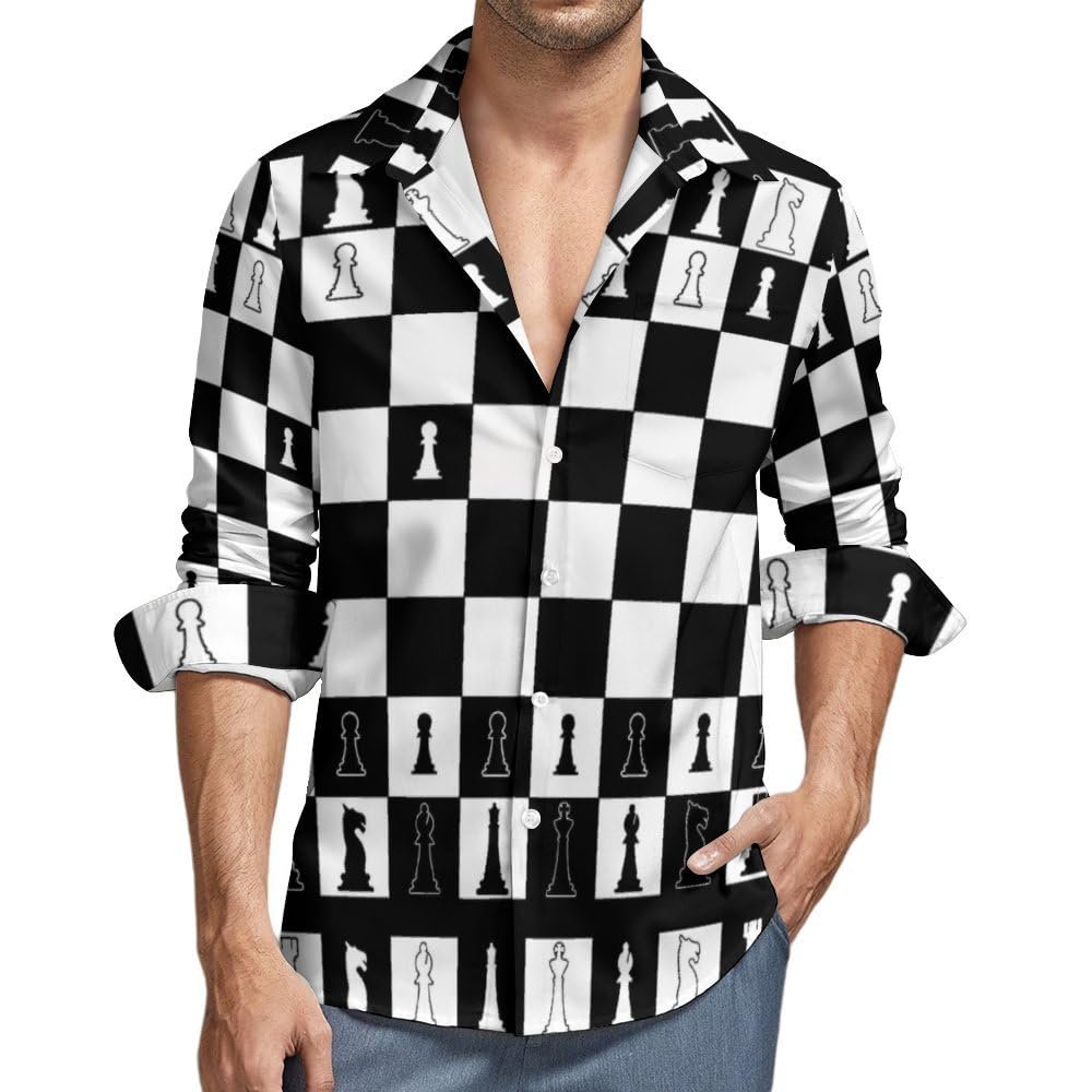 IOEDTHBJ Black and White Layout of A Chess Board Pattern Shirt Casual Button Down Shirts Long Sleeve Shirt Dress Shirt, X-Small, Style