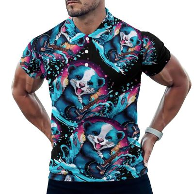 Funny Ferret Playing Guitar Men's Polo Shirt Casual Golf Polo Shirt Short Sleeve Sports T-Shirt L
