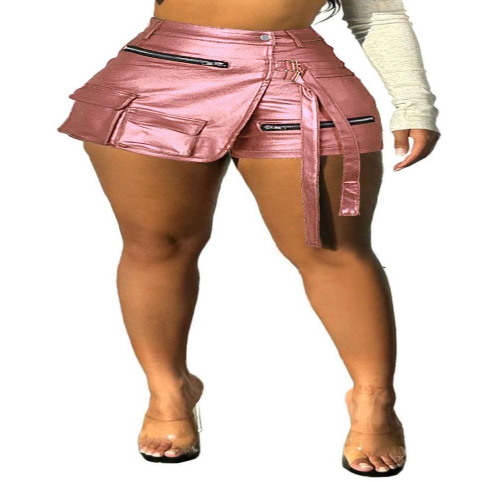 lovecarnation Women's Metallic Sexy Cargo Shorts Elastic High Waist Stretch Hotpants Rave Pants Party Clubwear G0659 Rose Gold M