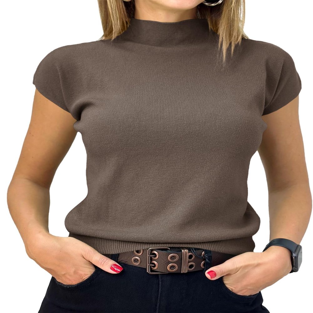 Saodimallsu Womens Short Sleeve Sweater Mock Neck Summer Casual Basic Knit Slim Fitted Pullover Tops Shirt Coffee