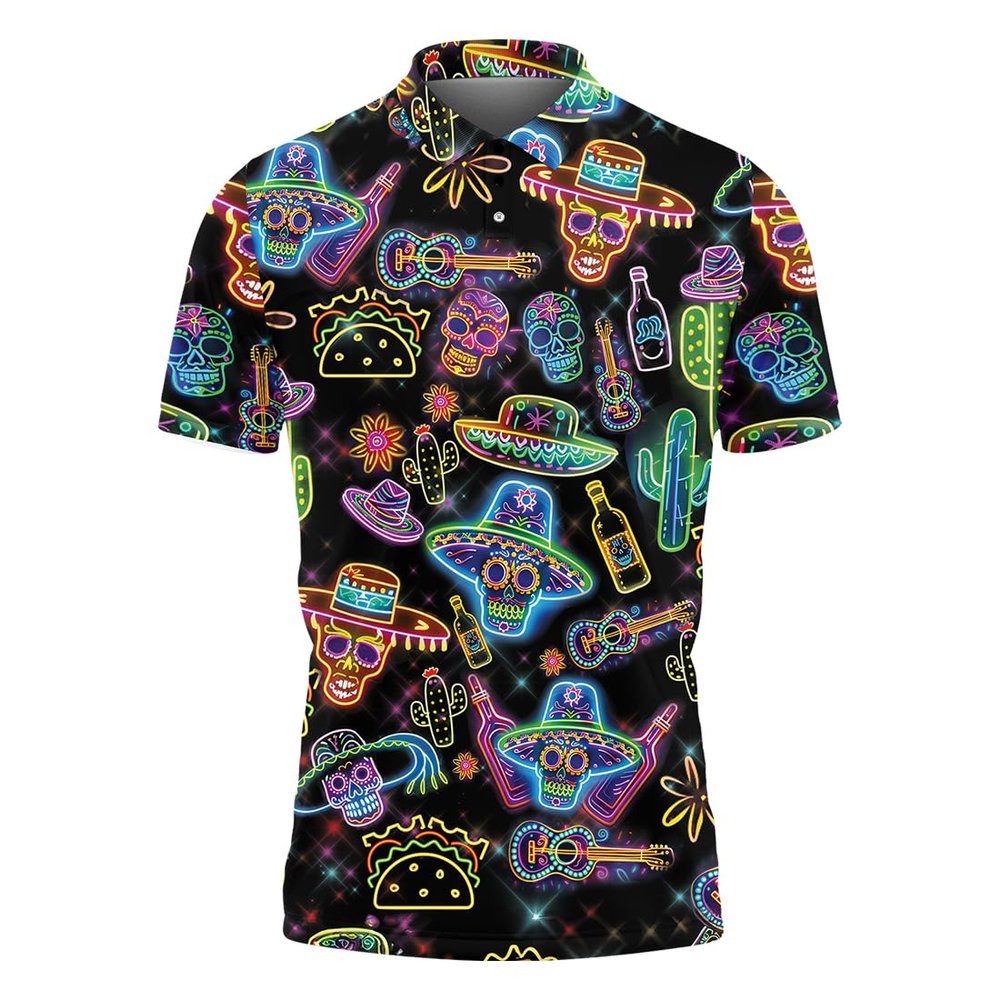 Generic Sugar Skull Polo Golf Shirts for Men Women - Neon Light Polo Shirts Short Sleeve Mens Polo Shirts Dry Fit Serie 73 Size 5XL, Cinco-09