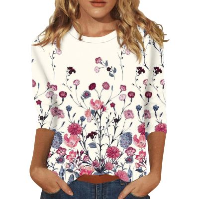 2025 3/4 Sleeve T Shirts for Women 3/4 Length Sleeve Womens Tops 2025 Floral Print Vintage Fashion Casual Loose with Round Neck Plus Size Shirts Wine XX-Large