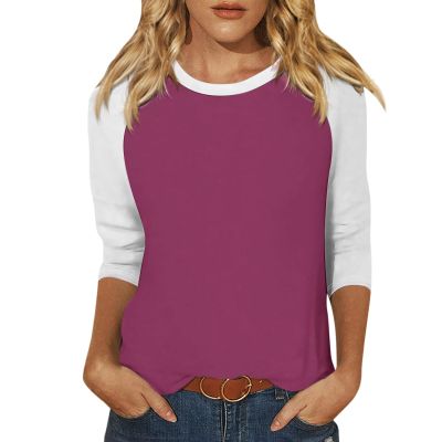 3/4 Length Sleeve Womens Tops Casual Cropped Shoulder Sleeves Patchwork Striped Print Round Neck Blouse Loose Blouses