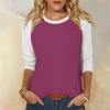 3/4 Length Sleeve Womens Tops Casual Cropped Shoulder Sleeves Patchwork Striped Print Round Neck Blouse Loose Blouses view 2