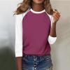 3/4 Length Sleeve Womens Tops Casual Cropped Shoulder Sleeves Patchwork Striped Print Round Neck Blouse Loose Blouses view 4