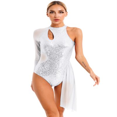 Xnihocha Womens Glitter Sequins Figure Ice Skating Dress One Shoulder Leotard Lyrical Dance Performance Costume Silver Large