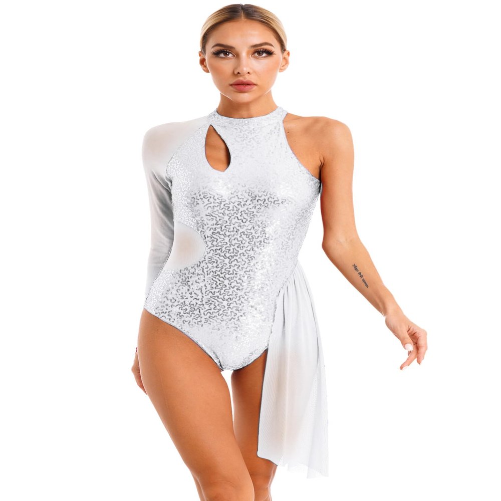 Xnihocha Womens Glitter Sequins Figure Ice Skating Dress One Shoulder Leotard Lyrical Dance Performance Costume Silver Large