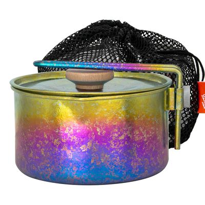TiTo Titanium Camping Pot Lunch Box with Lid & Folding Handle Ultralight Portable Outdoor Heated Bowl for Hiking Backpacking Picnic Travel Adventure Cookware Bento Box (Gold Colorful)