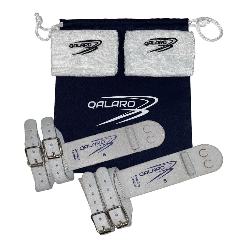 QALARO Double Buckle Star Grips for Girls Gymnastics | Dowel Grips, 4" White Wristbands, Grip Bag | Gymnastics Grips for Girls | Youth Bar Grips | Gymnastics Gloves