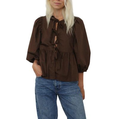 Women Puff Sleeve Peplum Shirts Tie Front Ruffle Babydoll Blouse Tops Teen Girls Lace up Cute Oversized Y2K Tops (Dark Brown, M)
