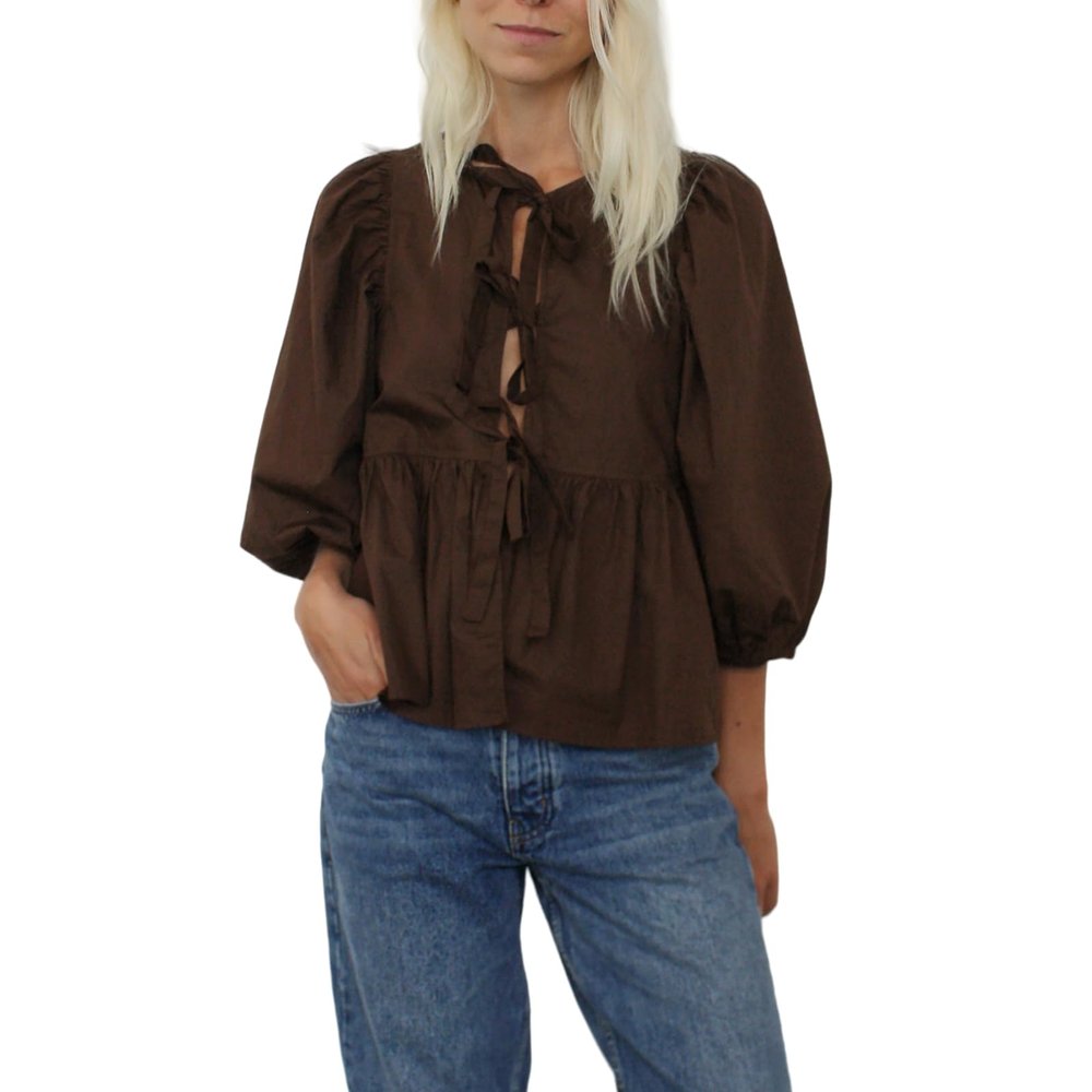 Women Puff Sleeve Peplum Shirts Tie Front Ruffle Babydoll Blouse Tops Teen Girls Lace up Cute Oversized Y2K Tops (Dark Brown, M)