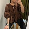Women Puff Sleeve Peplum Shirts Tie Front Ruffle Babydoll Blouse Tops Teen Girls Lace up Cute Oversized Y2K Tops (Dark Brown, M) view 2