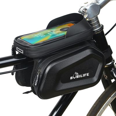 Bike Frame Tube Bag with Touchable Phone Holder - Bicycle Waterproof Two Sides Twins Handlebar Front Bag with Large Capacity Pouch Storage with Cell Phone Mount for Galaxy Phone and iPhone Below 7.2