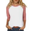 3/4 Length Sleeve Womens Tops Casual Cropped Shoulder Sleeves Patchwork Striped Print Round Neck Blouse Loose Blouses view 1
