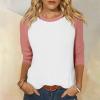 3/4 Length Sleeve Womens Tops Casual Cropped Shoulder Sleeves Patchwork Striped Print Round Neck Blouse Loose Blouses view 2