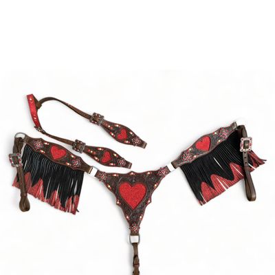 MOUSM One Ear Argentina Cow Leather Headstall & Breast Collar Set with Red Heart Cut Patches and Fringe - Equestrian Gift, Premium Concho